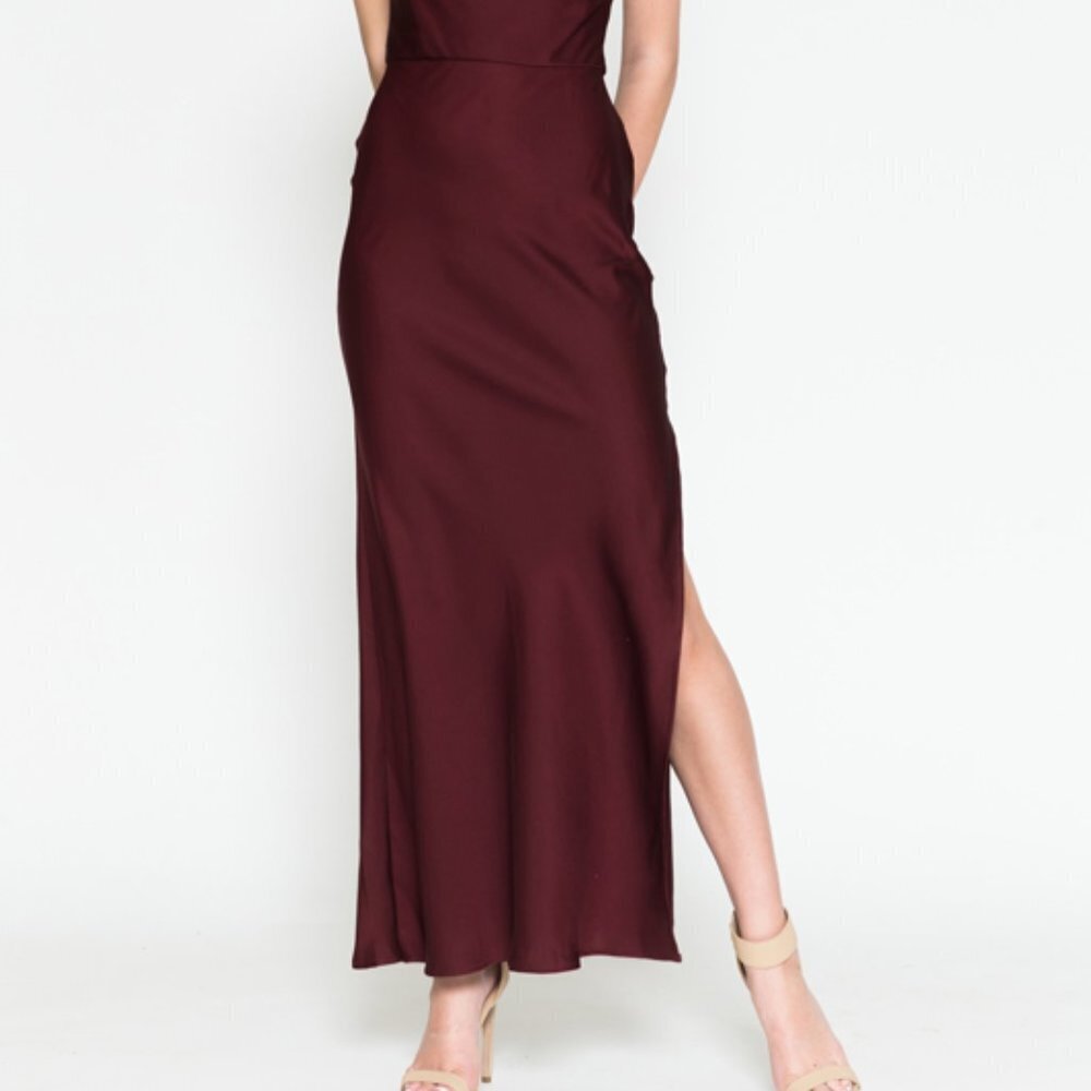 WINE COLOR SIMPLE SATIN PARTY BRIDSMAIDS EVENING MIDI SHEATH GOWN DRESS AC6115 - Picture 6 of 7